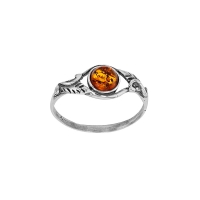 Bague motif feuille ajouré, ambre cognac ronde, argent 925/1000 vieilli