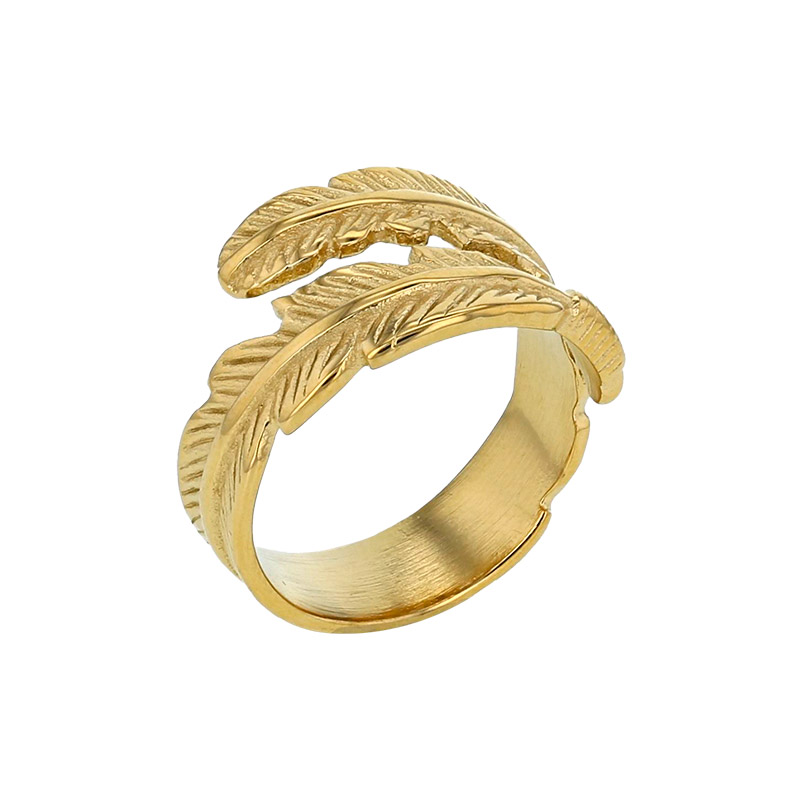 Bague motif plume en acier inoxydable doré