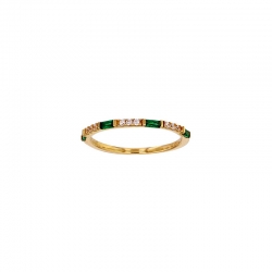 Bague Or 375/1000 ornée d'oxydes de zirconium blancs et teintés vert émeraude
