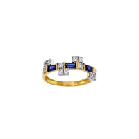 Bague Or 750/1000 ornée d'oxydes bleus saphir et blancs, tailles baguette et ronde