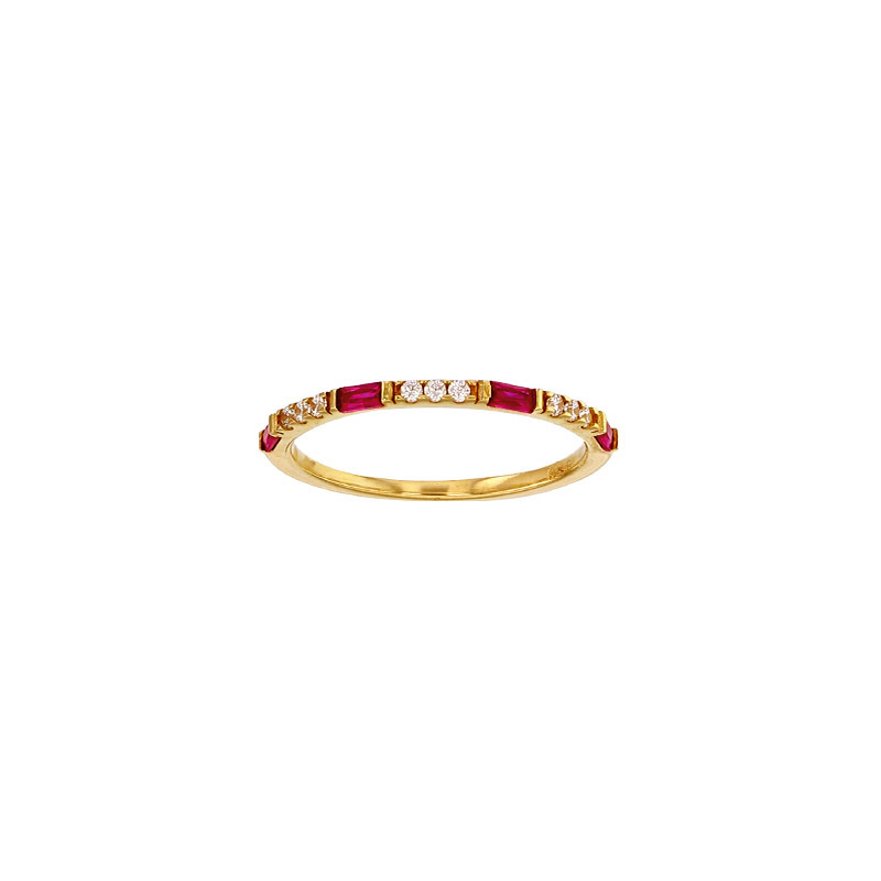 Bague Or 375/1000 ornée d'oxydes de zirconium blancs et de rubis synthétique