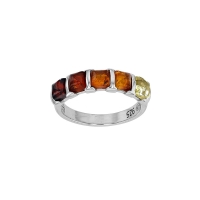 Bague ornée de 5 pierres d'ambre miel, cognac et marron en argent 925/1000 rhodié