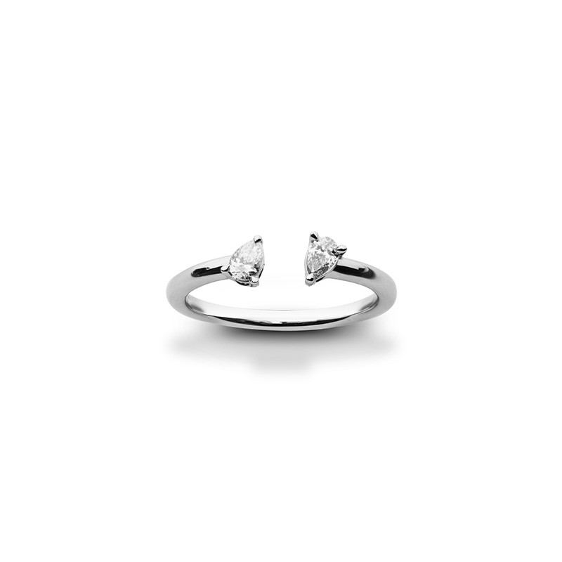 Bague ouverte 2 diamants synthétiques taille poire 0,20ct GVS, Or blanc 750/1000