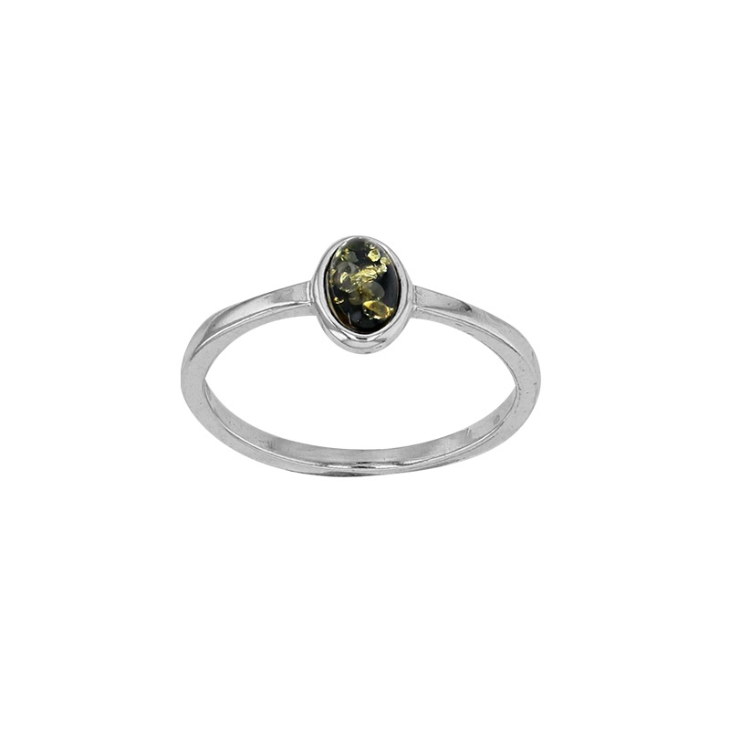 Bague ovale, ambre verte sertie clos en argent 925/1000 rhodié