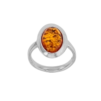 Bague ovale lisse, ambre cognac en argent 925/1000 rhodié
