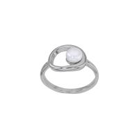 Bague ovale ornée d'une perle de culture d'eau douce, argent 925/1000 rhodié