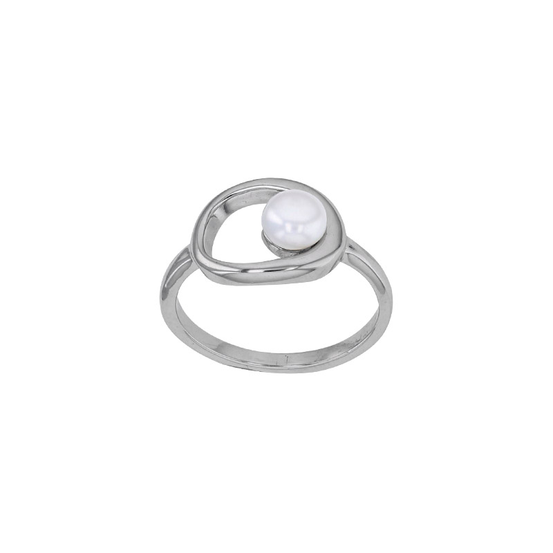 Bague ovale ornée d'une perle de culture d'eau douce, argent 925/1000 rhodié