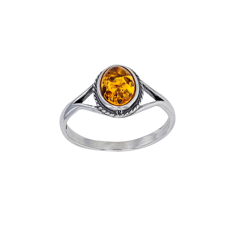 Bague ovale striée, ambre cognac en argent 925/1000 vieilli