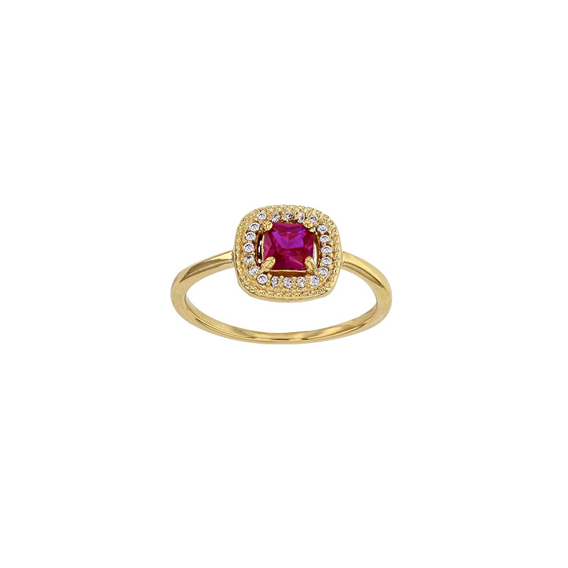 Bague oxyde teinté rouge rubis taille carré, entourages perlés et oxydes sertis, Plaqué or