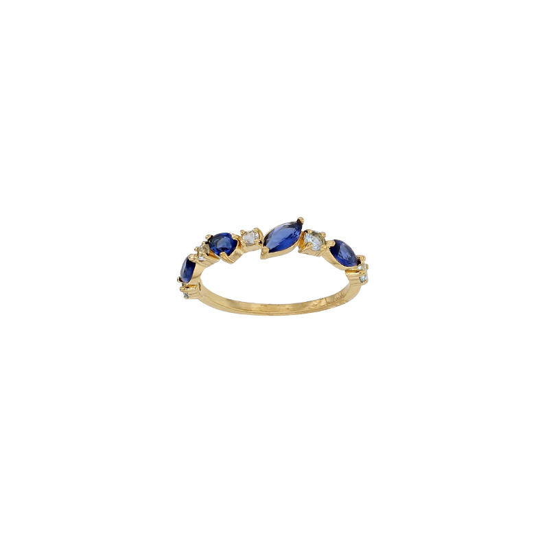 Bague oxydes bleus et blancs, taille ronde et marquise, Plaqué or