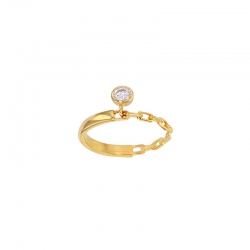 Bague pampille oxyde serti clos, monture lisse et chaîne, Plaqué or