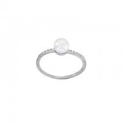 Bague perle d'eau douce blanche 6mm, 12 oxydes sertis griffes, argent 925/1000 platiné