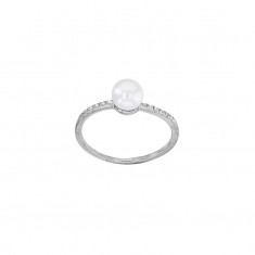 Bague perle d'eau douce blanche 6mm, 12 oxydes sertis griffes, argent 925/1000 platiné