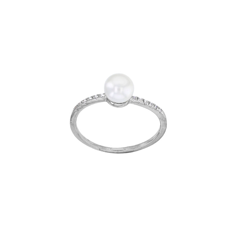 Bague perle d'eau douce blanche 6mm, 12 oxydes sertis griffes, argent 925/1000 platiné