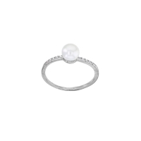 Bague perle d'eau douce grise 6mm, 12 oxydes sertis griffes, argent 925/1000 platiné