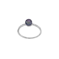 Bague perle d'eau douce grise 6mm, 12 oxydes sertis griffes, argent 925/1000 platiné