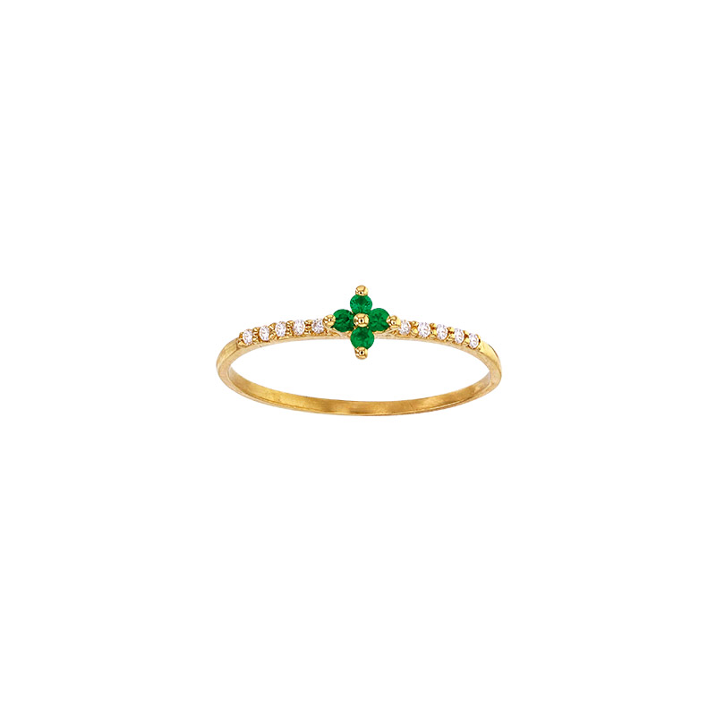 Bague petite fleur 4 Émeraudes 1,5mm et 10 diamants 0,08ct GVS, Or 750/1000
