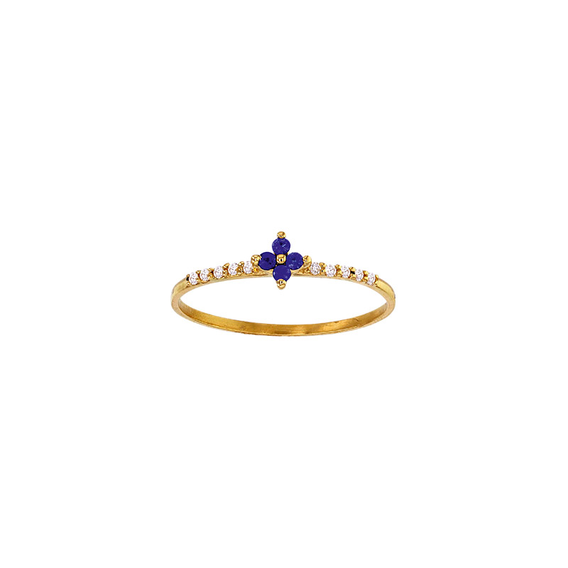 Bague petite fleur 4 Saphirs 1,5mm et 10 diamants 0,08ct GVS, Or 750/1000