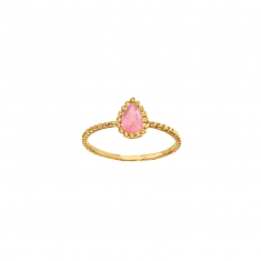 Bague Quartz rose taille poire 6 x 4mm, monture perlée Or 750/1000