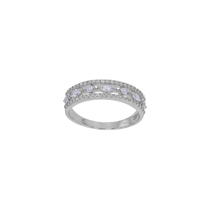 Bague 3 rangs pavés d'oxydes ronds et ovales, argent 925/1000 rhodié