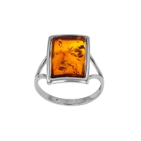 Bague rectangle ambre cognac, argent 925/1000 rhodié