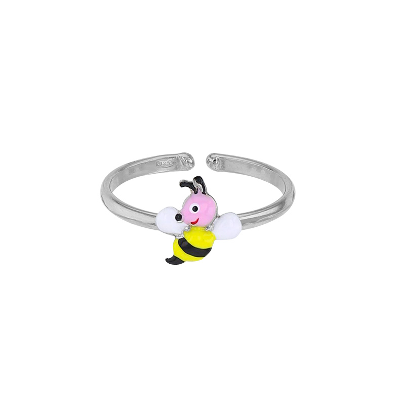 Bague réglable abeille, émail, argent 925/1000 rhodié