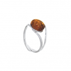 Bague réglable ambre avec pierre ovale montée sur argent 925/1000 rhodié