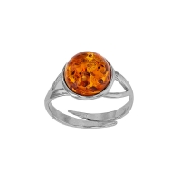 Bague réglable ambre cognac ronde, argent 925/1000 rhodié