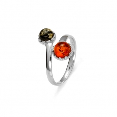 Bague réglable Ambre couleur cognac et verte, argent 925/1000 rhodié