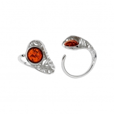 Bague réglable Ambre ronde et armature ajourée en argent 925/1000 rhodié