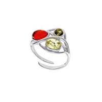 Bague réglable avec 3 pierres d'ambre, argent 925/1000 rhodié