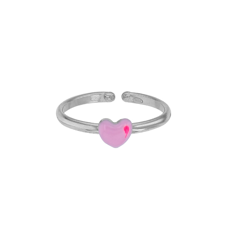 Bague réglable coeur, émail rose clair, argent 925/1000 rhodié