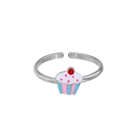 Bague réglable cupcake, émail rose et blanc, argent 925/1000 rhodié