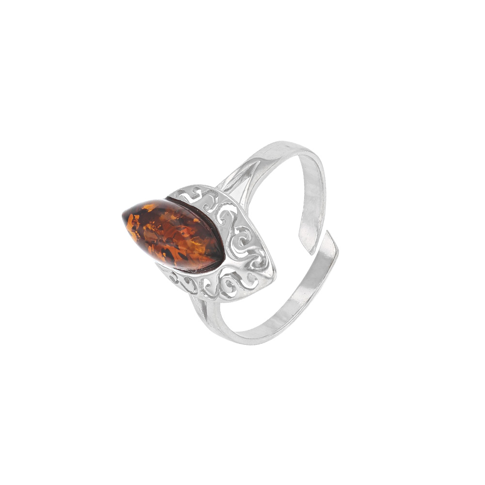 Bague réglable en ambre forme ovale et argent 925/1000 rhodié ajouré