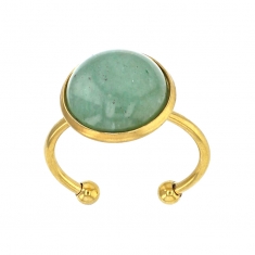 Bague réglable en cabochon rond ornée d'une aventurine en acier doré