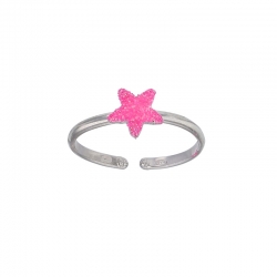 Bague réglable étoile, émail fuchsia pailleté, argent 925/1000 rhodié