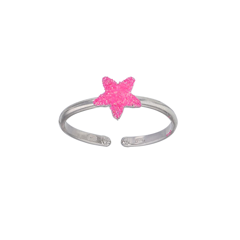 Bague réglable étoile, émail fuchsia pailleté, argent 925/1000 rhodié