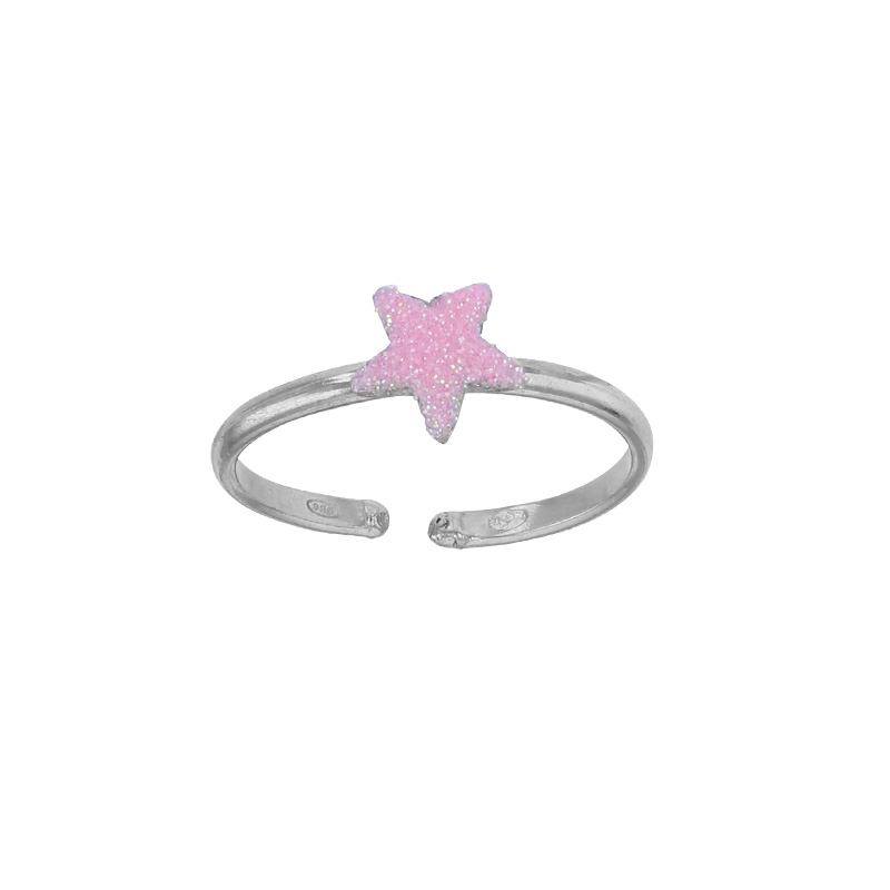 Bague réglable étoile, émail rose clair pailleté, argent 925/1000 rhodié