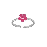 Bague réglable fleur, émail fuchsia, argent 925/1000 rhodié