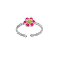 Bague réglable fleur émail fuchsia et jaune argent 925/1000 rhodié