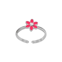 Bague réglable fleur émail fuchsia et verre argent 925/1000 rhodié