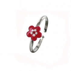 Bague réglable fleur, émail rose clair, argent 925/1000 rhodié