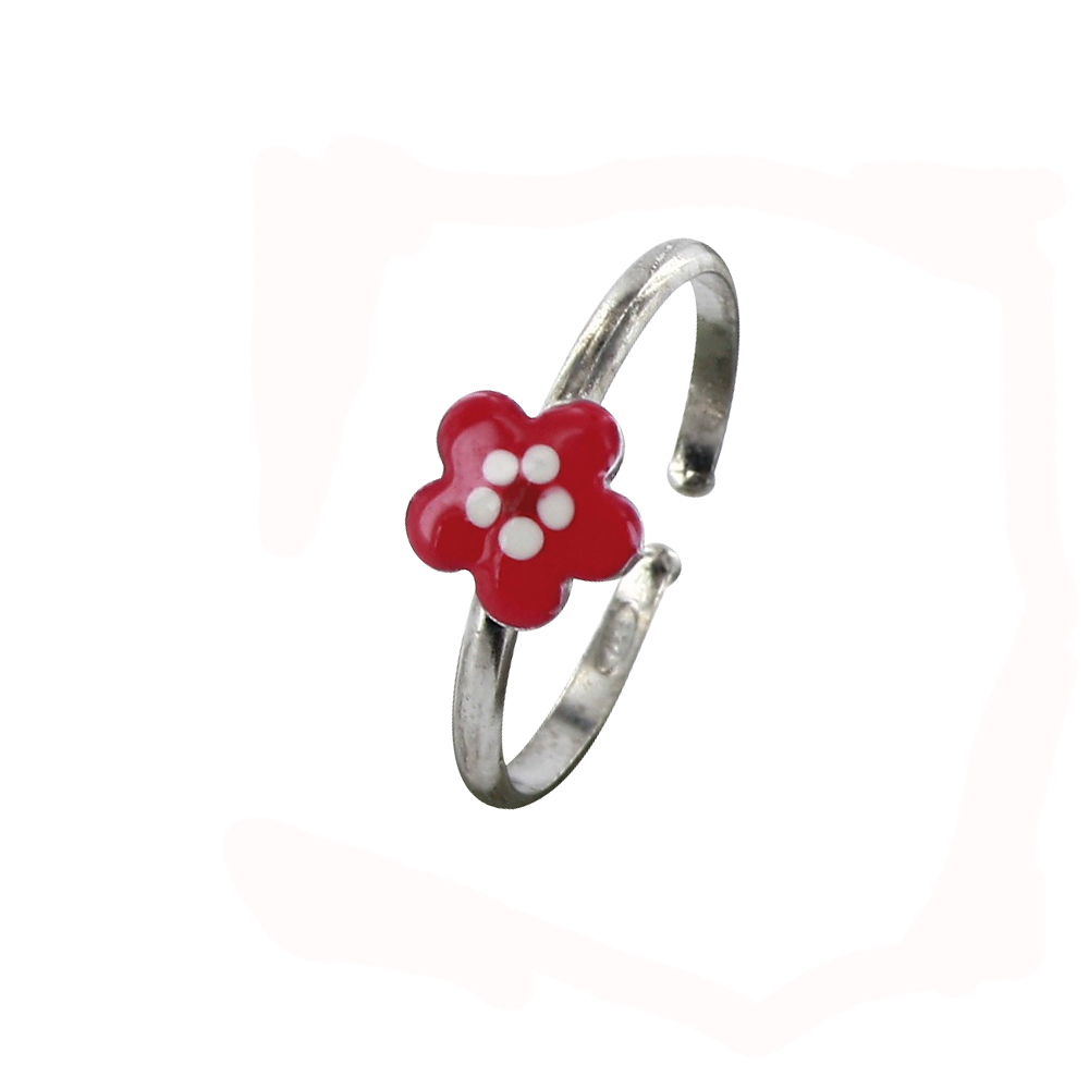 Bague réglable fleur, émail rose clair, argent 925/1000 rhodié
