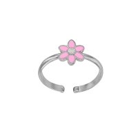 Bague réglable fleur émail rose et verre argent 925/1000 rhodié