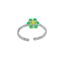 Bague réglable fleur émail vert et jaune argent 925/1000 rhodié