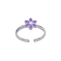 Bague réglable fleur émail violet et verre argent 925/1000 rhodié