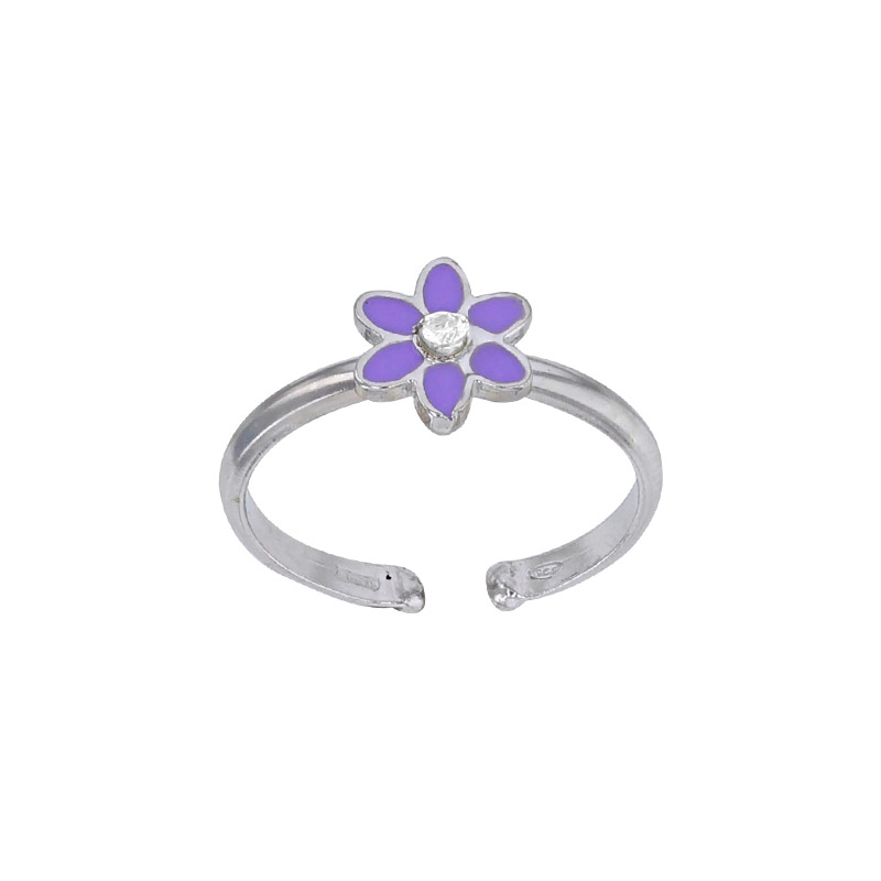Bague réglable fleur émail violet et verre argent 925/1000 rhodié