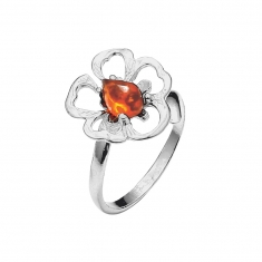 Bague réglable fleur en pétales ajourées ornée d'une pierre d'ambre