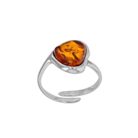 Bague réglable forme coeur Ambre cognac, argent 925/1000 rhodié