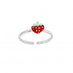 Bague réglable fraise émaillée, argent 925/1000 rhodié